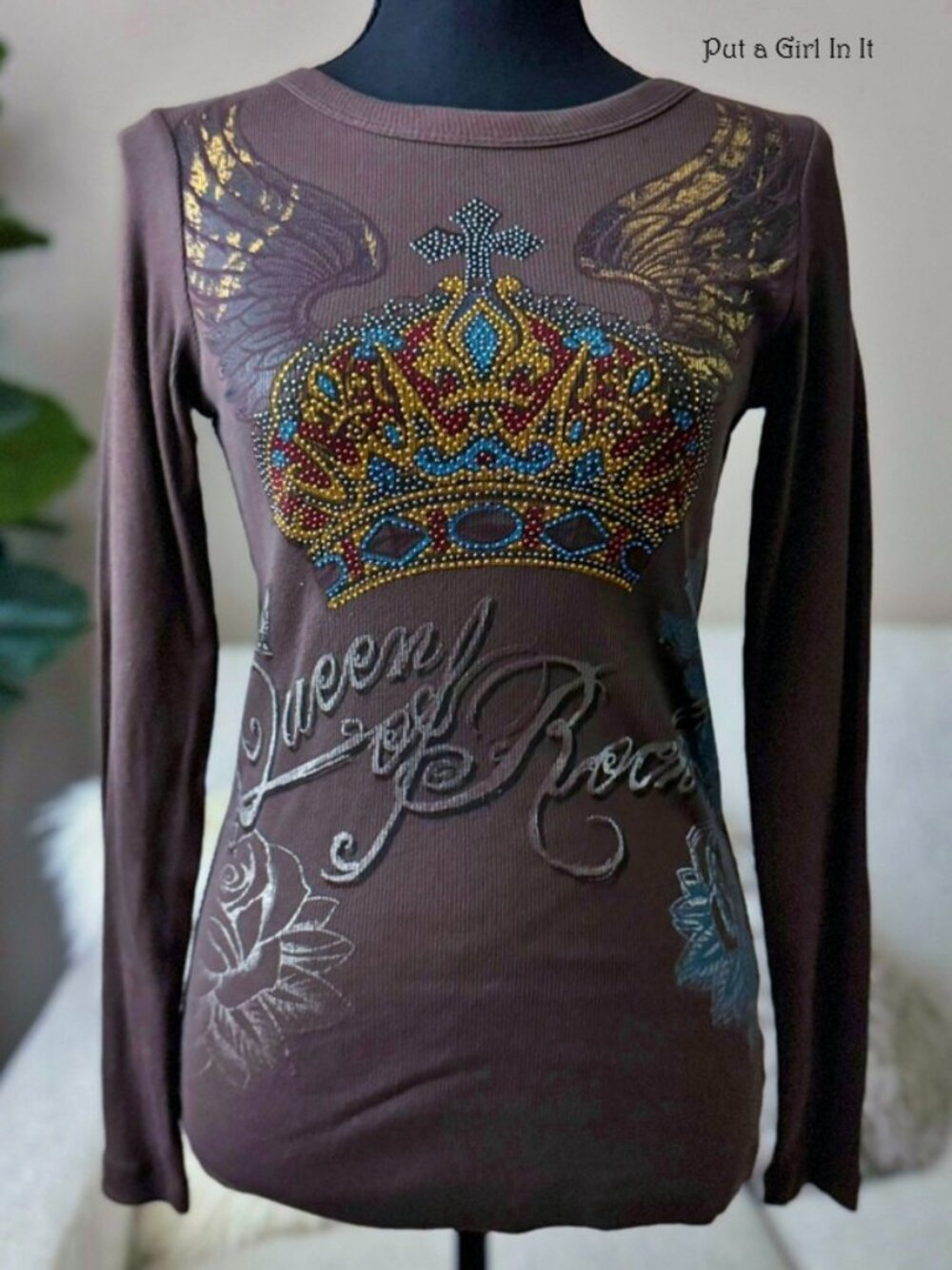 Vocal Apparel women's crystal brown queen of rock tattoo long sleeve shirt s m l